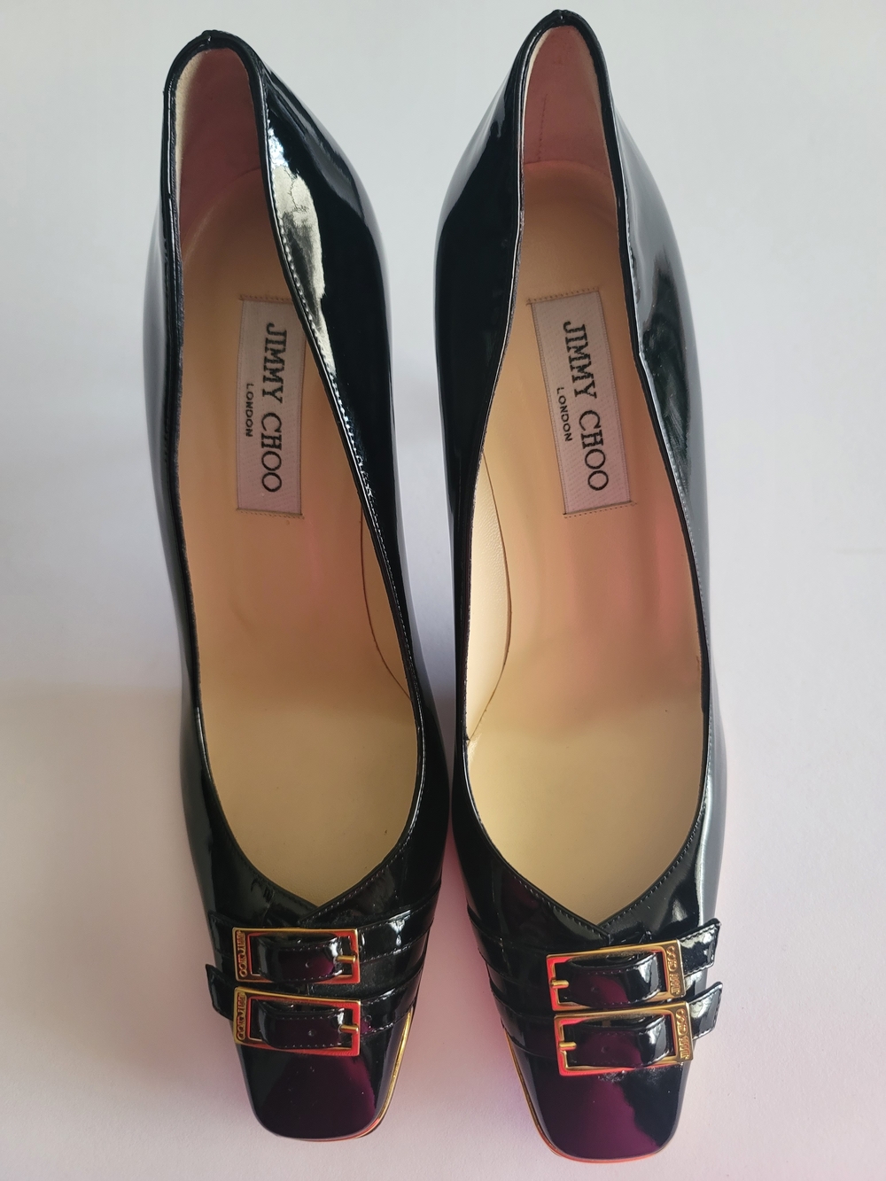 Jimmy Choo Black Patent Leather Buckle Pumps, Size 10